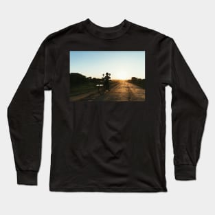 Silhouette of Boy Riding Bicycle at Sunset in Burmese Countryside Long Sleeve T-Shirt